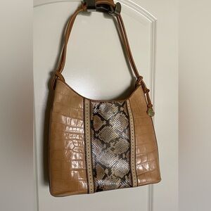 Brahmin Tan Croc-Embossed Shoulder Bag with Snake-Print Center